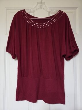 Weavers Burgundy Short-Sleeve Tunic with Studded Neckline